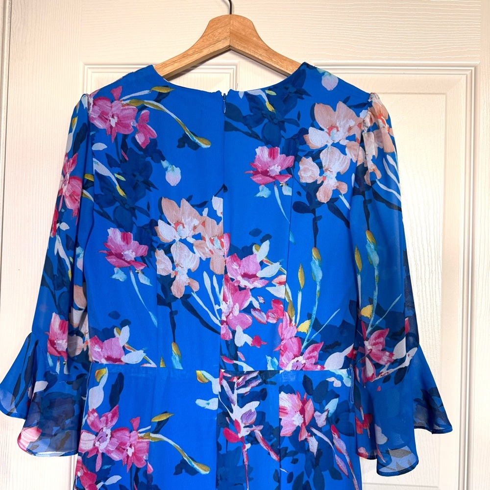 Adrianna Papell Blue Floral Faux Wrap Y2K 90s Fairy Flowy Ruffle Dress Size 4 - Picture 8 of 12
